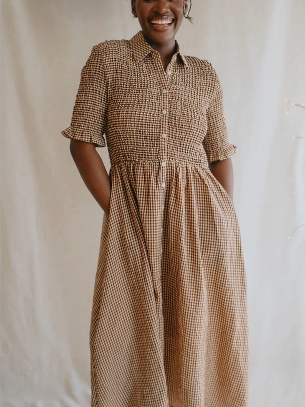 Smocked Gingham Midi Dress — Tan/Black